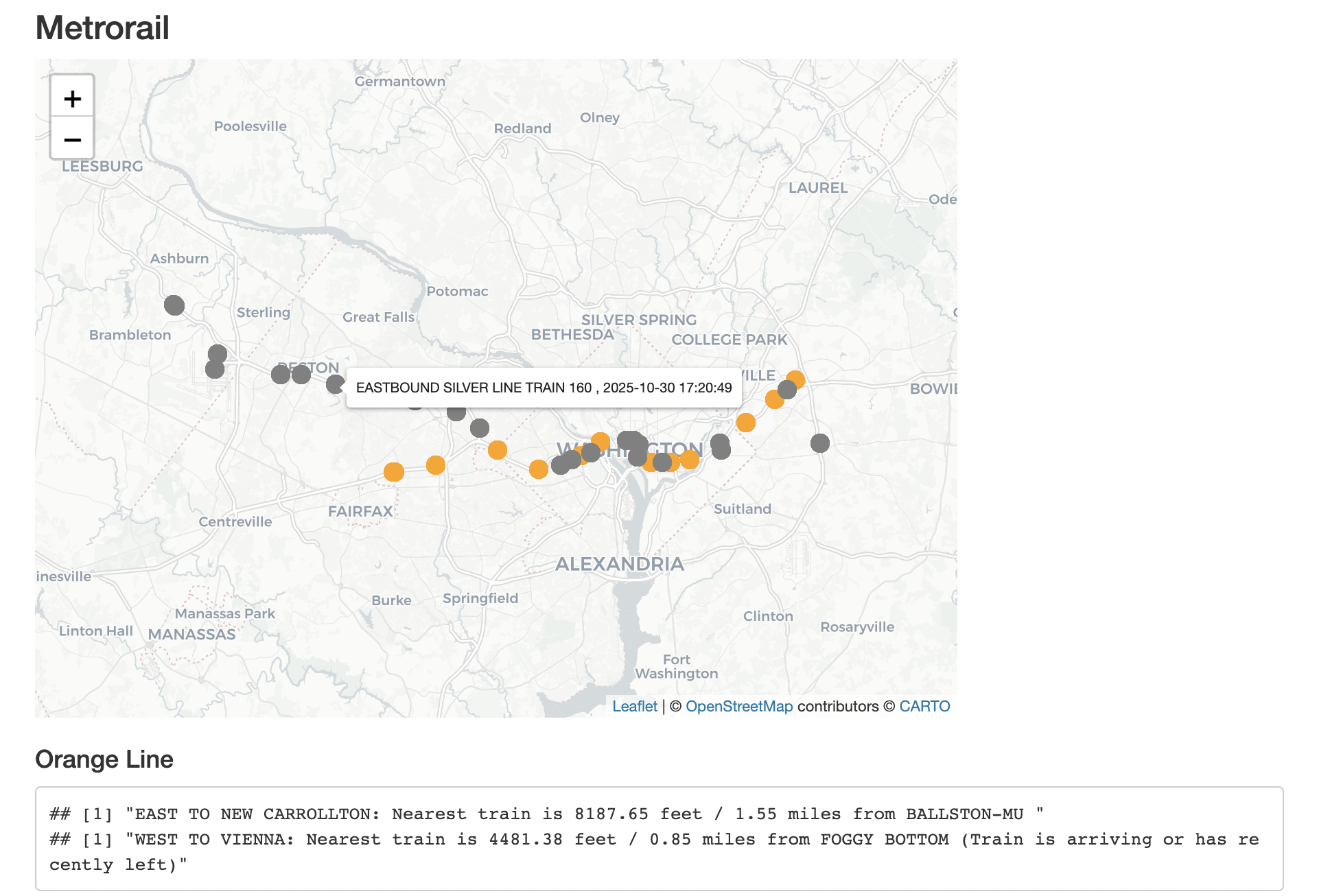 A map showing the orange and silver line train locations on Metrorail